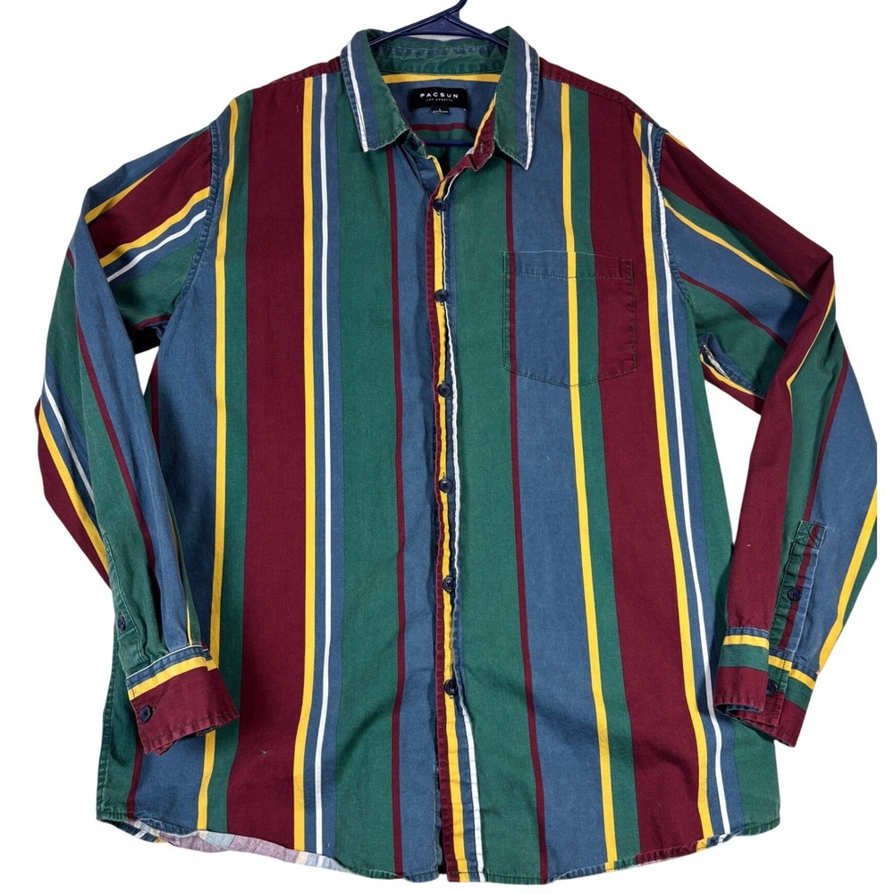 PacSun Mens Large Long Sleeve Striped Button Down Shirt Multi‎ Color Cotton 735